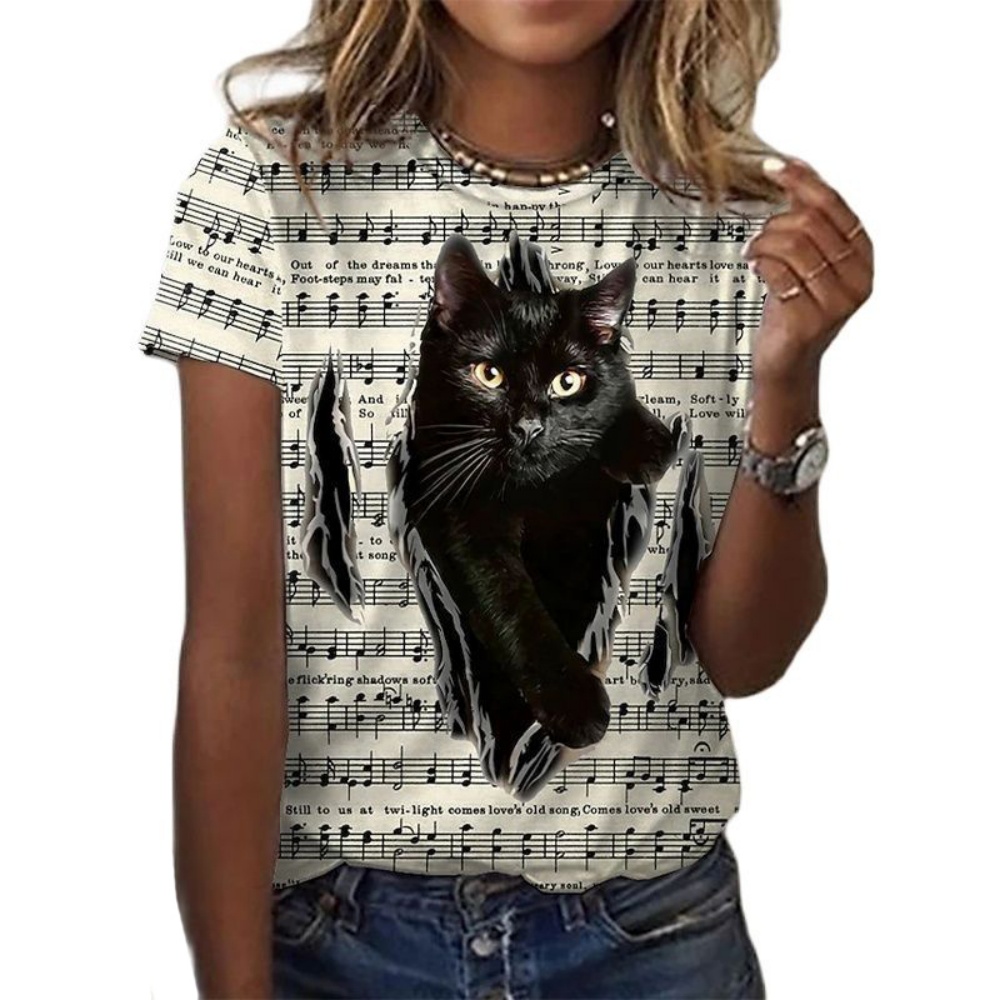 Mode femmes t-shirt chemisier à manches courtes T-Shirts Vintage Y2k Harajuku 3D chat impression vêtements noir Kawaii T-Shirts pour les femmes 2025