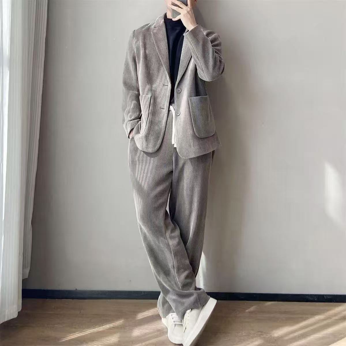 Costume en velours côtelé vintage pour homme, vêtements de travail décontractés, veste de sport, coupe classique, blazer, pantalon, ensemble deux pièces