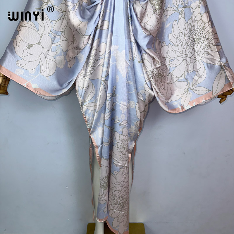 WINYI Nouvelle Robe d'Été à Fente Haute, Sexy et Élégante, Imprimée, pour Femmes, Kaftan Bohème à Manches Longues, Robe de Plage à la Mode pour Dames