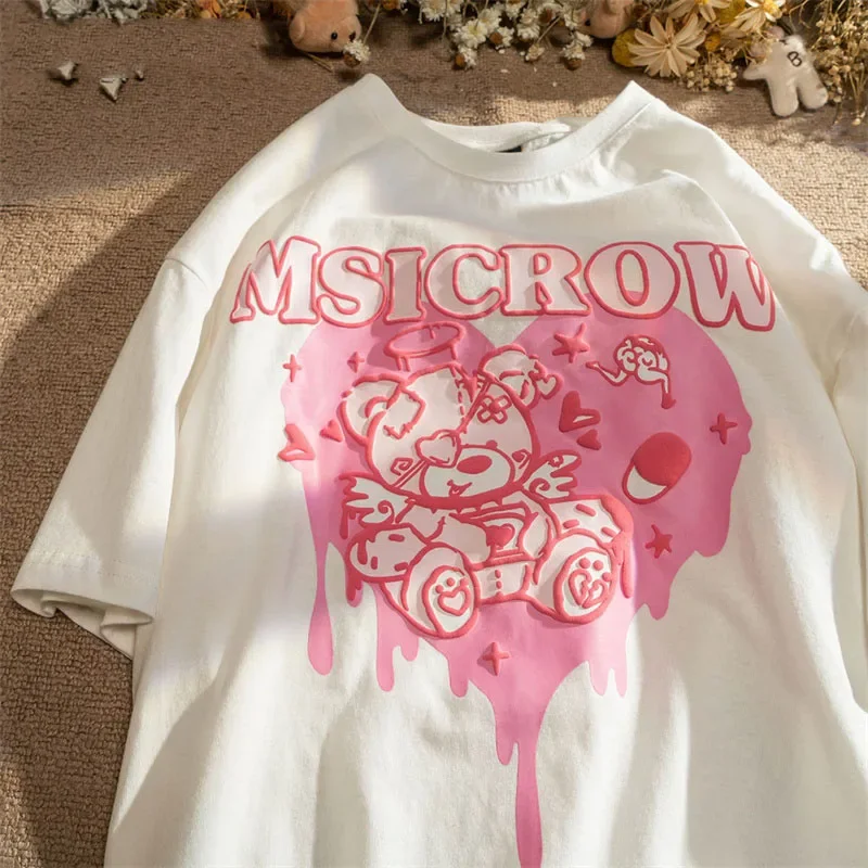 T-shirt Kawaii pour femmes, imprimé ours rose coréen, manches courtes, t-shirt Harajuku pour femmes, vêtements streetwear pour femmes