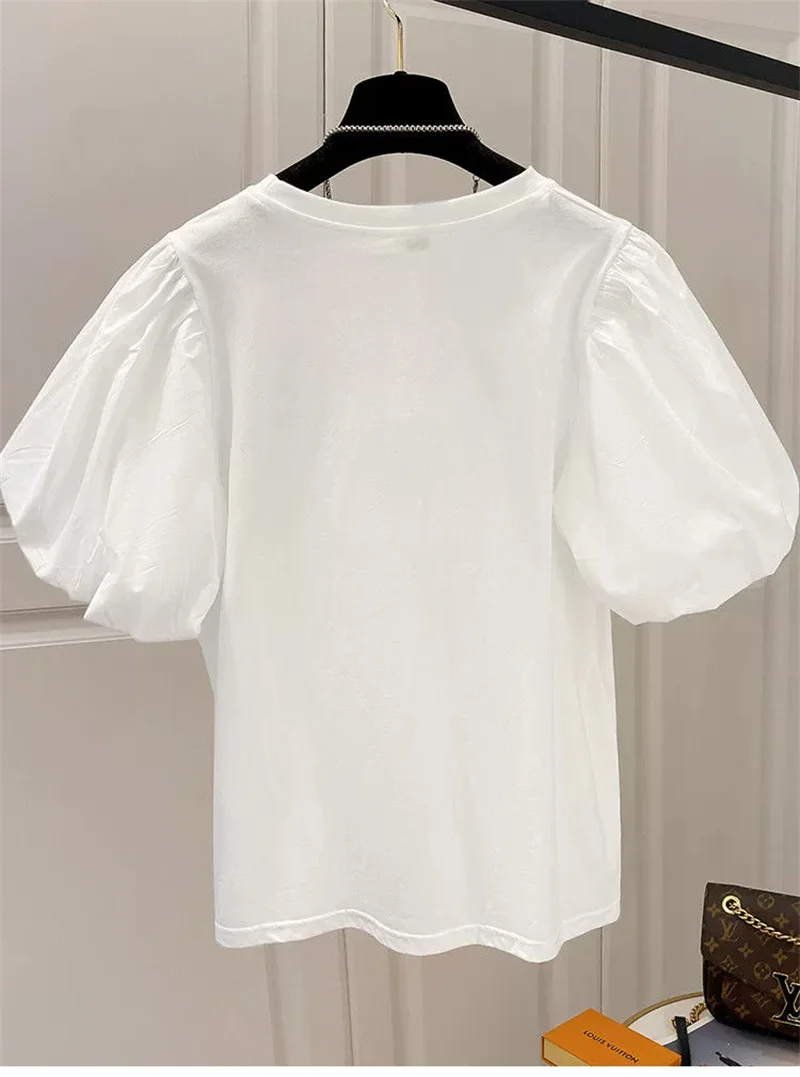 Mujer coton T-shirts pour femmes T-shirts d'été manches bouffantes col rond T-shirts hauts surdimensionnés mode doux blanc T-shirts