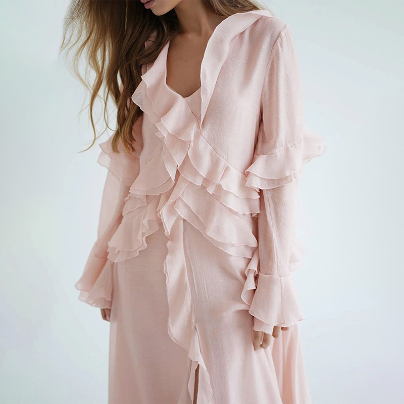 Typhaland – robe longue élégante à volants pour femmes, col en V irrégulier, manches longues, en maille, à la mode, pour vacances d'été, robe de soirée
