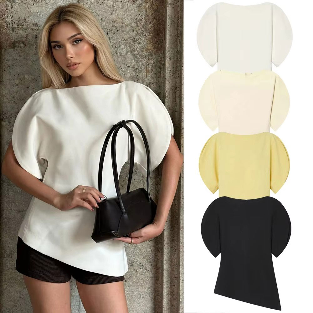 T-shirts décontractés pour femmes HH, chemisier à ourlet asymétrique, chemise à manches bouffantes courtes, élégante, pour femme, été, fête, vacances, hauts blancs