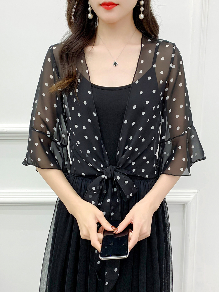 Robe de soirée en mousseline de soie noire et blanche pour femmes, col en v, élégante, Simple, douce, décontractée, à pois