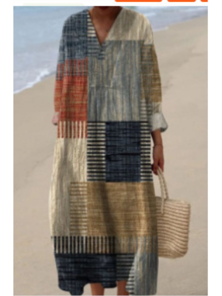 Robe imprimée pour femmes, décontractée, col en V, manches longues, pull ample, style Boho, jupes de vacances, vêtements pour femmes, nouvelle collection