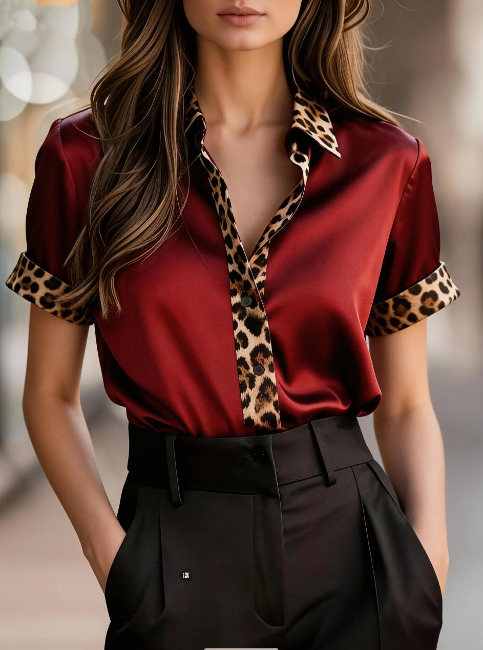 Chemise en satin à manches courtes et col contrastant imprimé léopard pour femme, haut décontracté à boutons