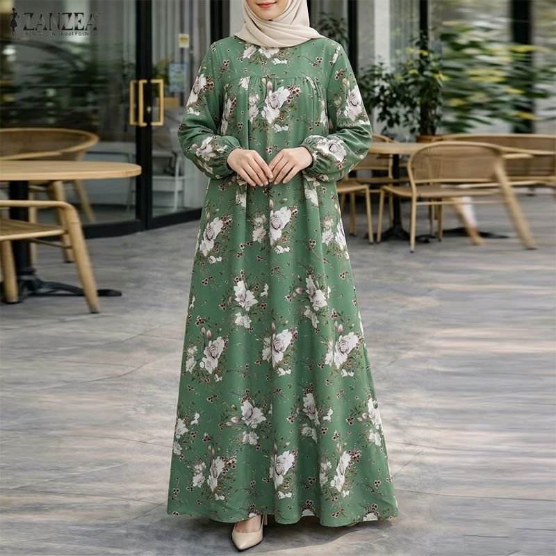 ZANZEA Abaya musulmane pour femmes, robe longue bohème, imprimé floral, manches longues, col rond, robe décontractée ample, kaftan