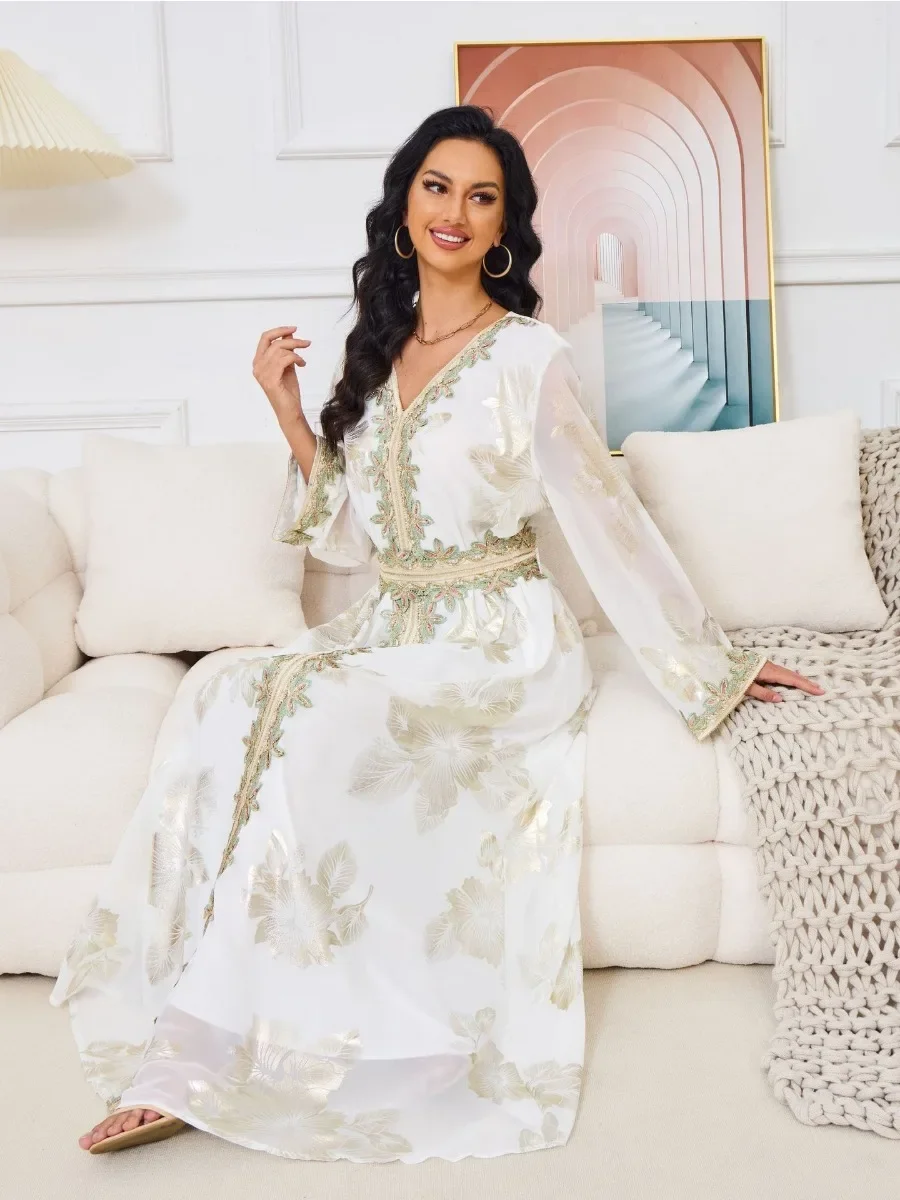 Robe de soirée pour femmes musulmanes, caftan turc, Abaya Jalabiya, robes de Ramadan, caftan marocain, col en V, ceinture brodée, robe éducative, Eid