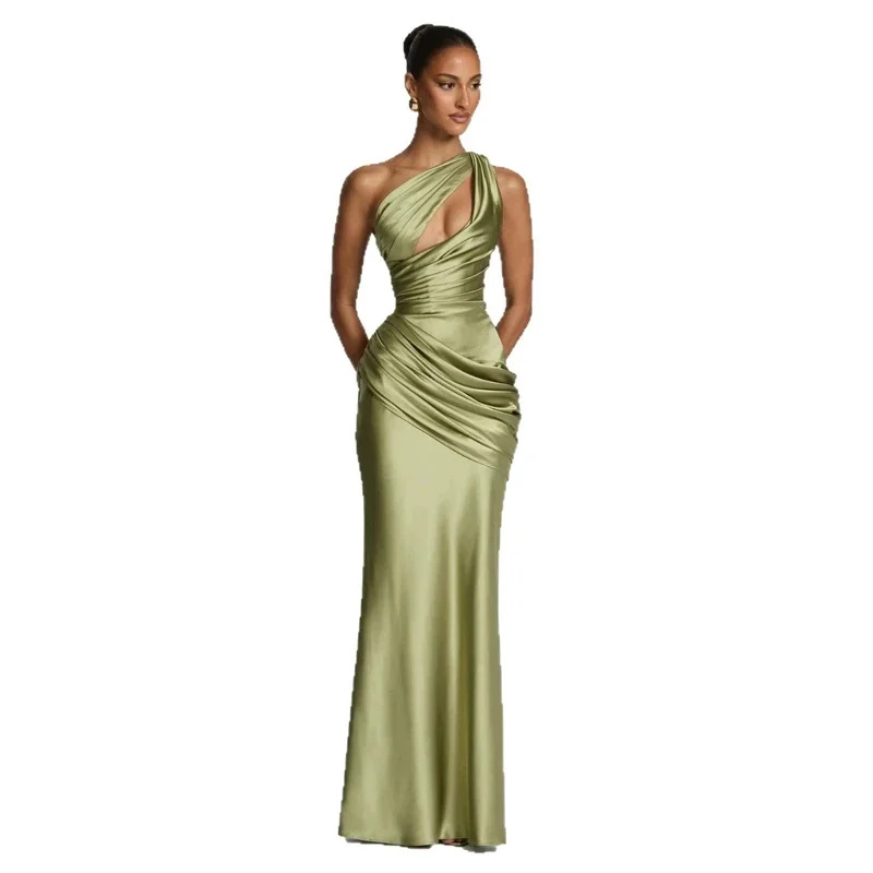 Robe de soirée sirène asymétrique en satin à une épaule, découpée, plissée à la taille, drapée, pour femme, idéale pour invitée de mariage, bal de promo, chic