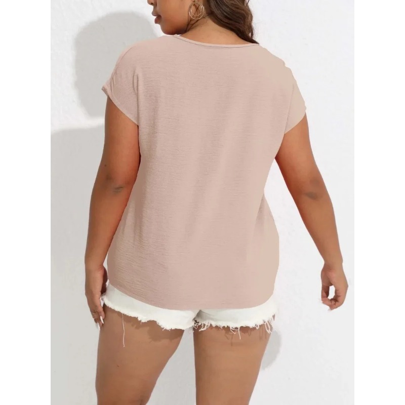 T-shirt à manches chauve-souris pour femme, chemise décontractée, col en V, boutons, haut à manches courtes, monochrome, document, grande taille, 1XL-8XL