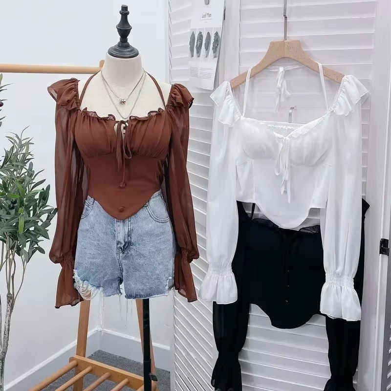Chemisier à manches lanterne en dentelle pour femmes, chemises à licou, chemisiers décontractés pour femmes, français chic, automne, printemps, livraison directe