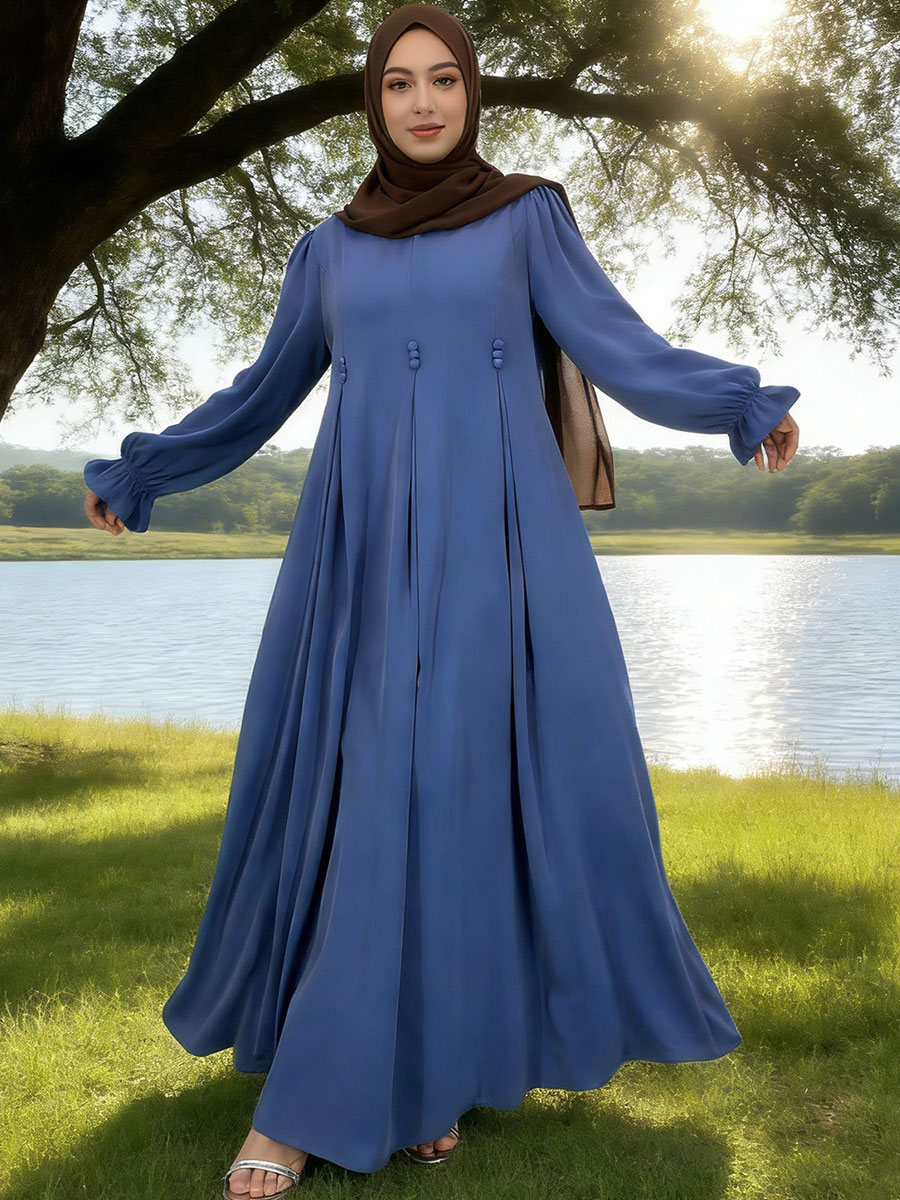 Abaya de style Dubaï modeste, robe maxi islamique tendance pour femmes musulmanes avec détails boutonnés et poches
