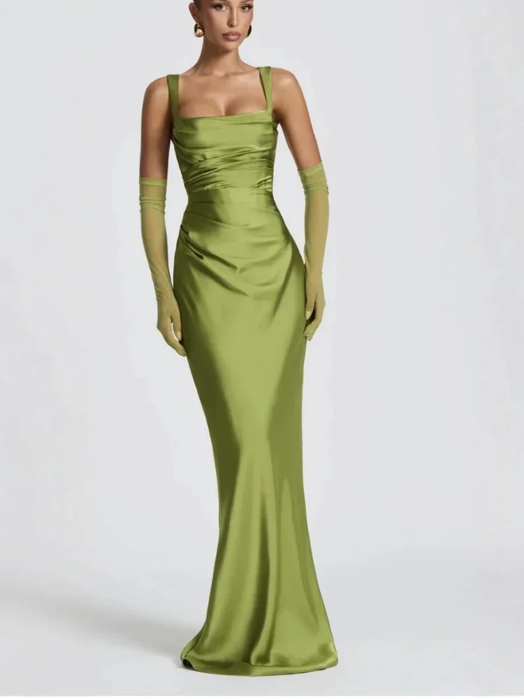 Robe longue plissée à col écharpe pour femmes, élégante, Sexy, couleur unie, sans manches, épaules dénudées, Slim, robe de soirée, 2026