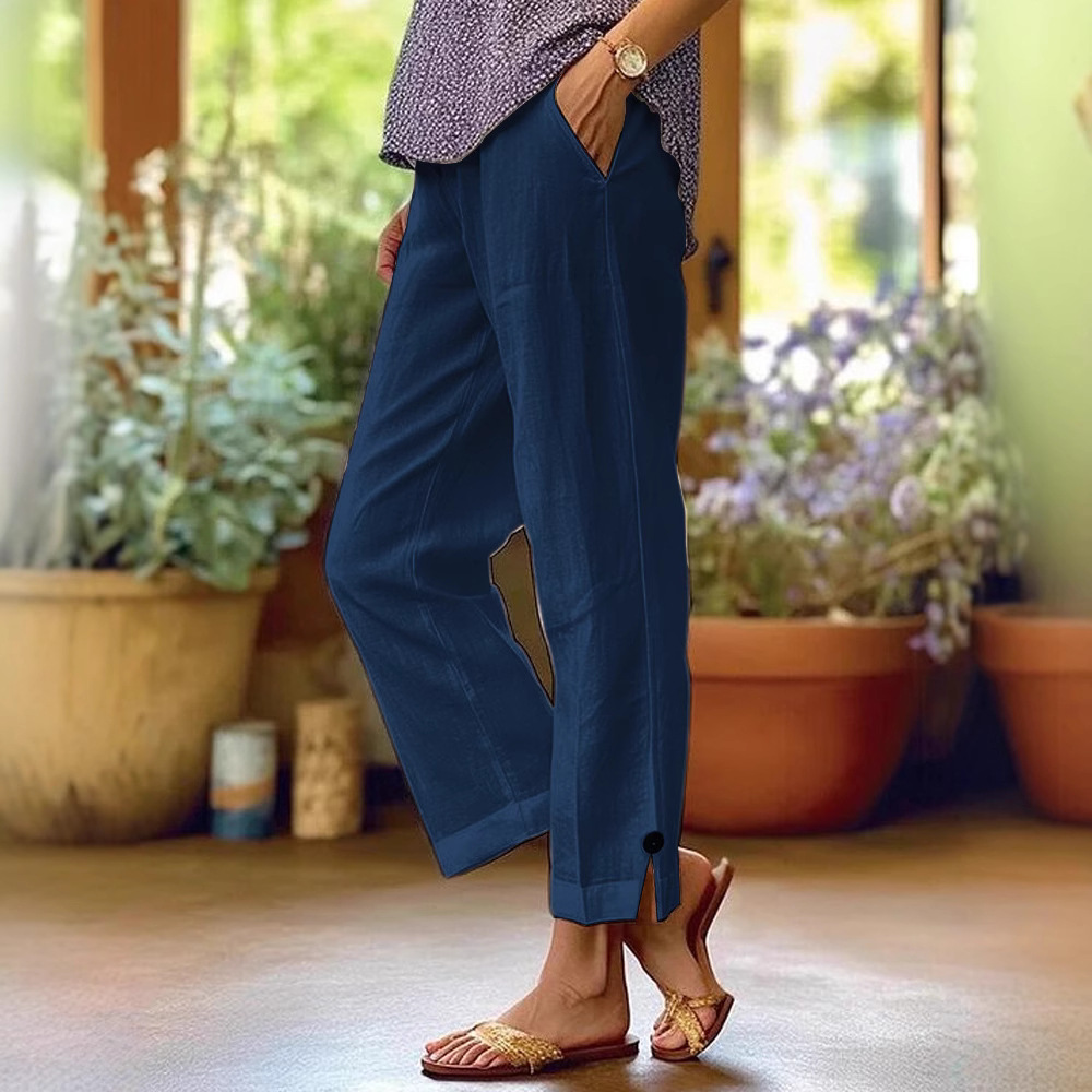 Pantalons décontractés pour femmes mélange de coton et de lin taille élastique poche mode Simple fente bouton basique polyvalent jambe droite pantalon