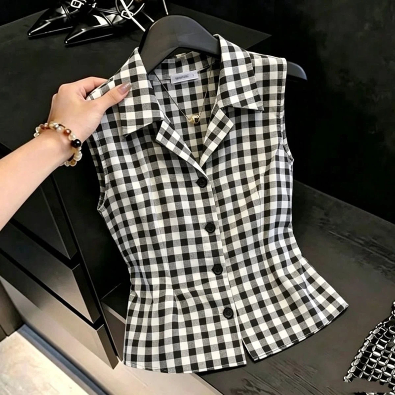 Nouvelle Collection Été Femme : Blouse Chic Sans Manches à Carreaux, Col Polo Boutonné, Coupe Slim, Tendance Mode
