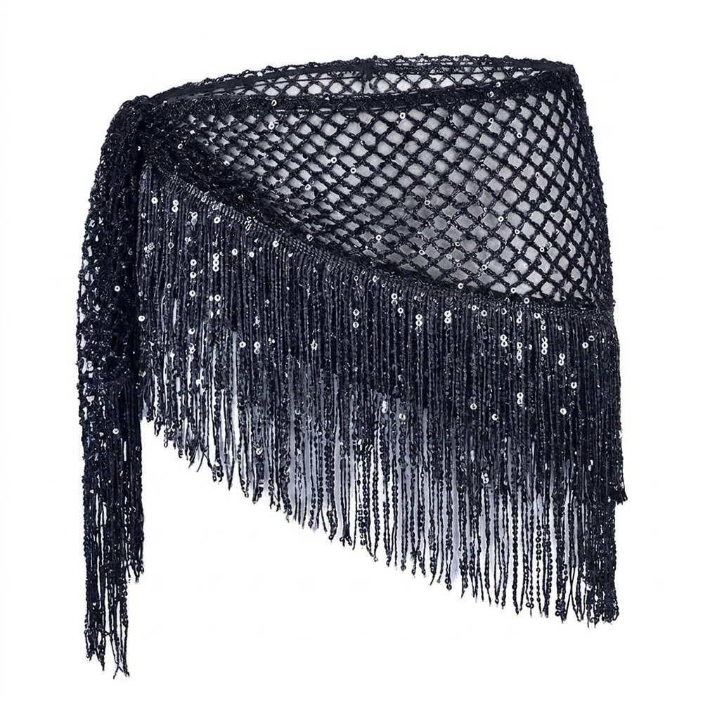 Foulard de danse du ventre triangulaire à franges scintillantes, ceinture de danse du ventre, ceinture de taille à sequins et pompons, chaîne de taille pour la danse