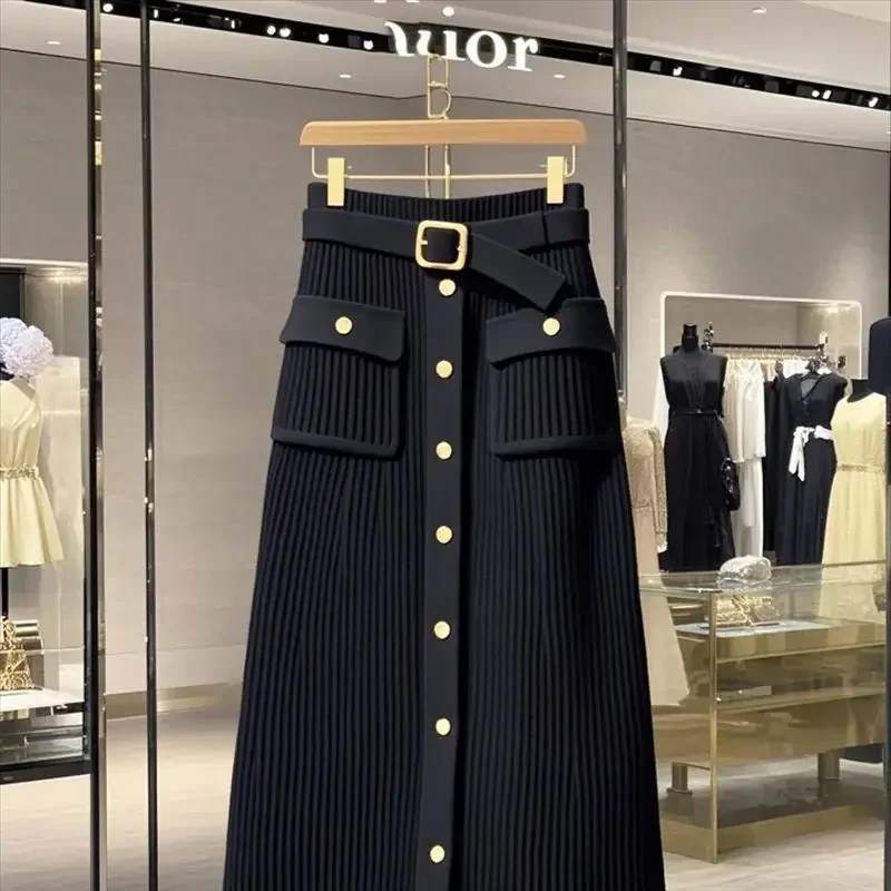 Jupe tricotée élégante haut de gamme pour femmes, tenue de bureau, taille haute, mode, simple boutonnage, Slim, enveloppée sur les hanches, mi-longue, nouvelle collection