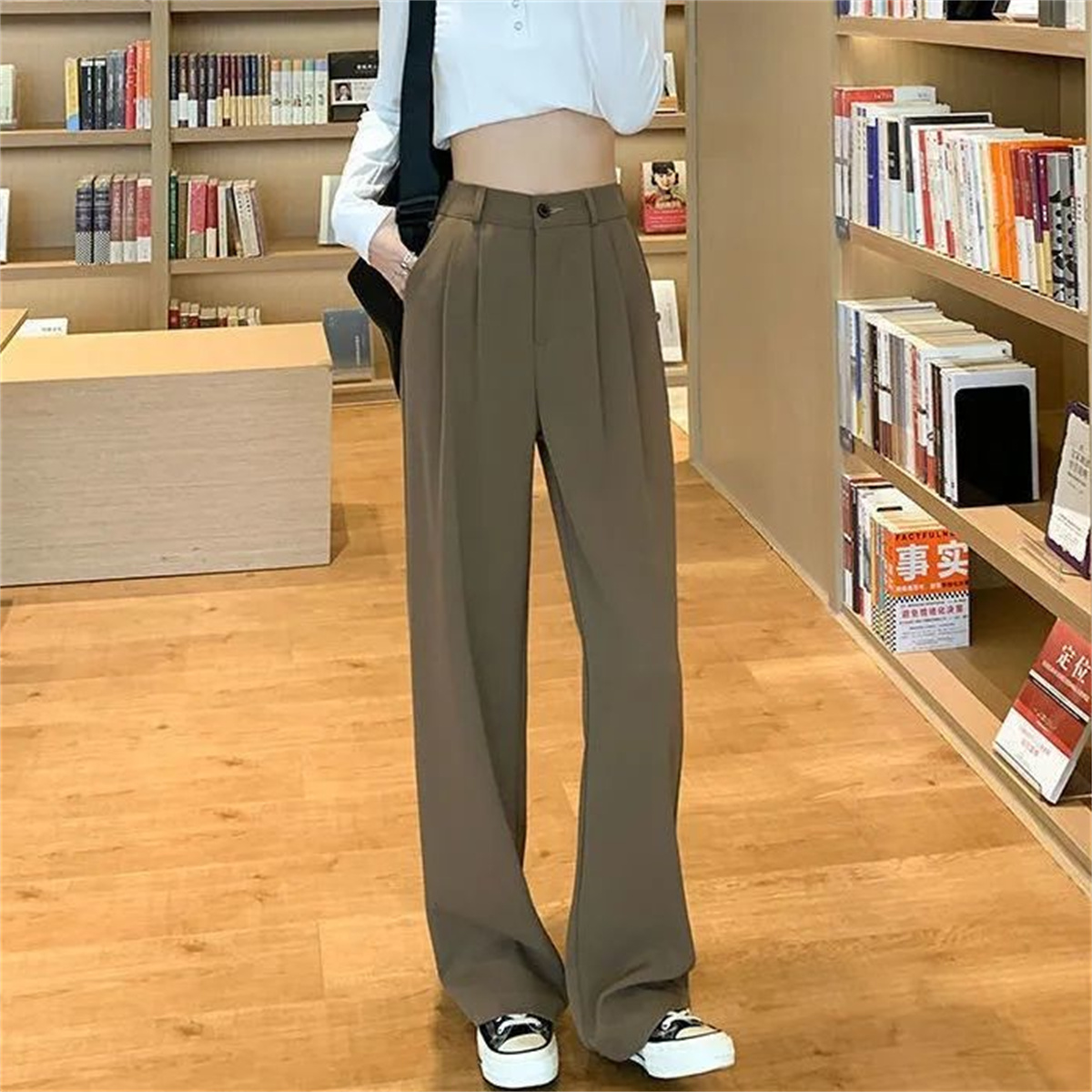 Mode taille haute pantalon à jambes larges femmes printemps automne Baggy pantalon noir bureau dames pleine longueur costume droit pantalon vêtements d'extérieur nouveau