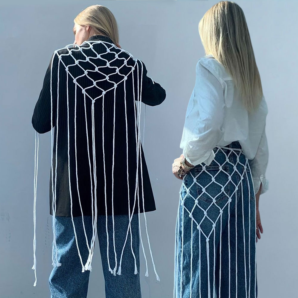 Foulard bohème à franges en filet, jupe mi-taille pour femme, style bikini, motif ethnique, ceinture à franges en maille, rideau décoratif pour les fesses