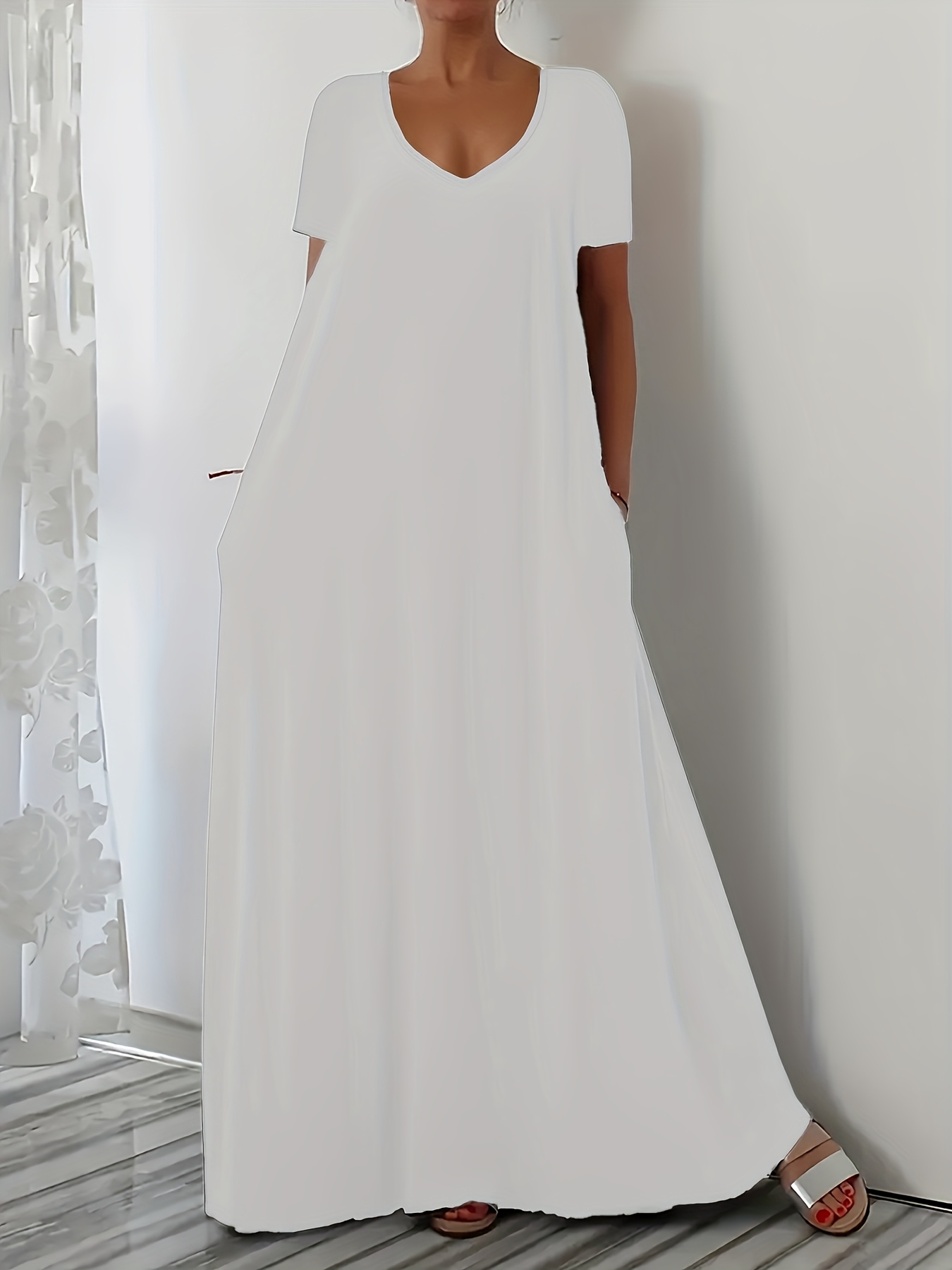 Nouvelle robe d'été grande taille pour femme, décontractée, ample, à manches courtes, couleur unie, col en V
