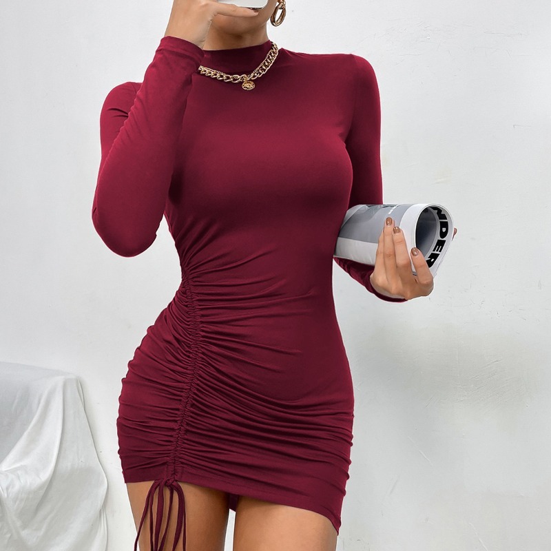 Nouvelles robes 2025 femme mode été col haut violet à manches longues plissée robe à nouer jupe vêtements pour femmes