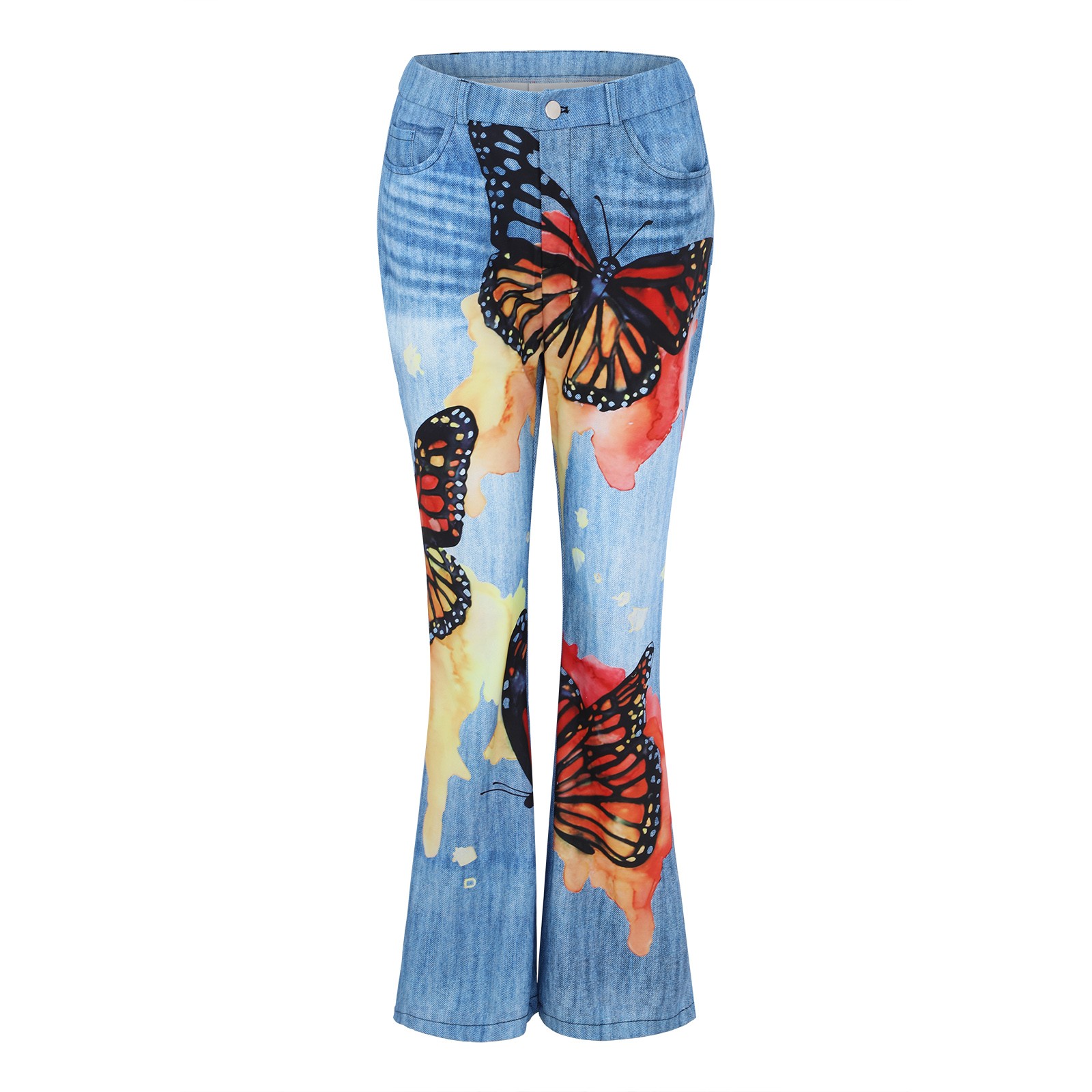 Jean Cargo Taille Haute pour Femme, Pantalon en Denim Évasé, Imprimé Floral, Faux Denim