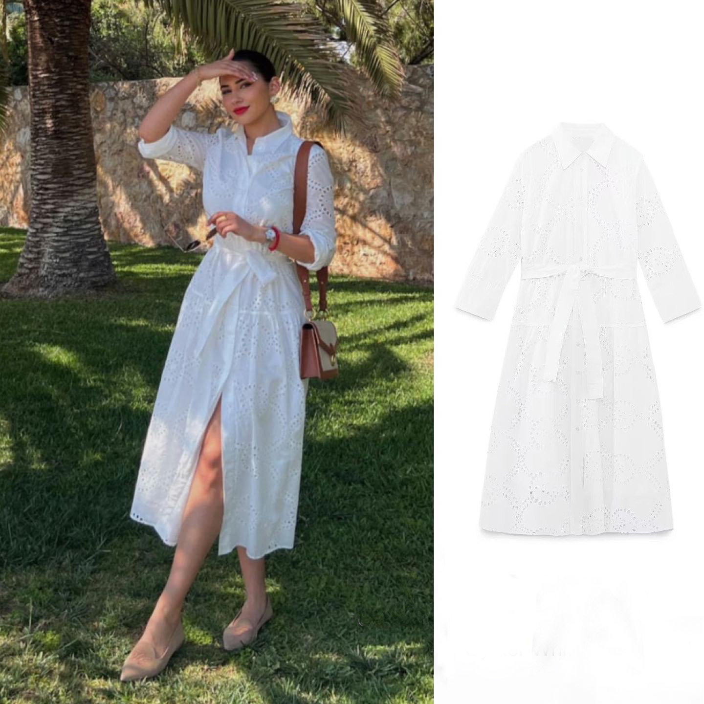 Robe blanche brodée élégante pour femmes, Chic, revers, manches longues, taille haute, à lacets, Maxi, mode féminine, ajourée
