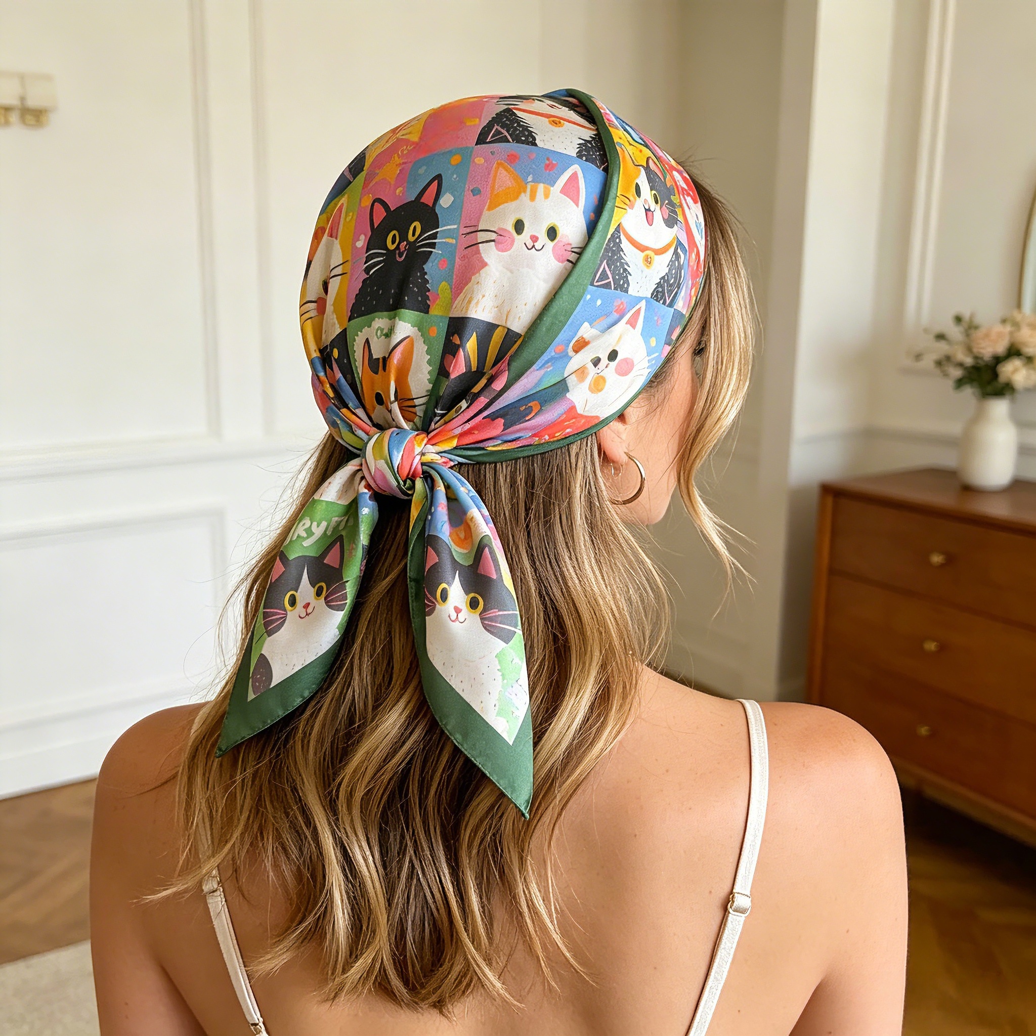 Nouveau Foulard Carré en Soie Imitée 2026 pour Femme, Imprimé Chat Animal, Accessoire de Mode, Bandeau, Bandana, Neckerchief
