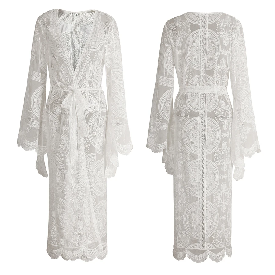 TEELYNN – Kimono à manches longues pour femmes, chemisier Boho en dentelle, broderie florale, Cardigan enveloppant sexy, vêtements de plage, chemisiers gitans pour femmes