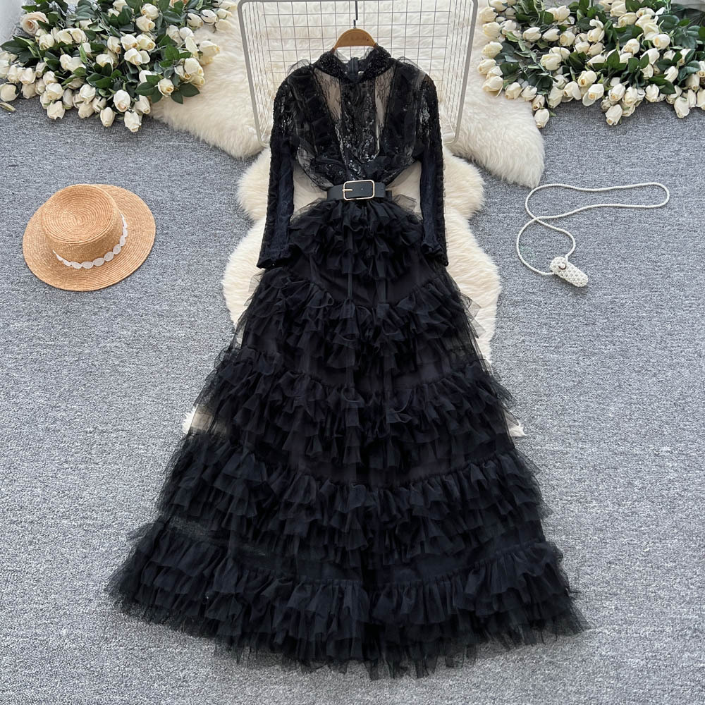 Robe de soirée longue en maille pour femmes, tenue à volants, col montant, manches longues, ligne A épissée, taille haute, pour mariage