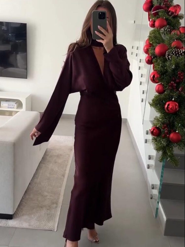2025 nouvelles femmes mode Satin col en V robe robes longues avec écharpe Chic robes élégantes femmes à manches longues tenue décontractée