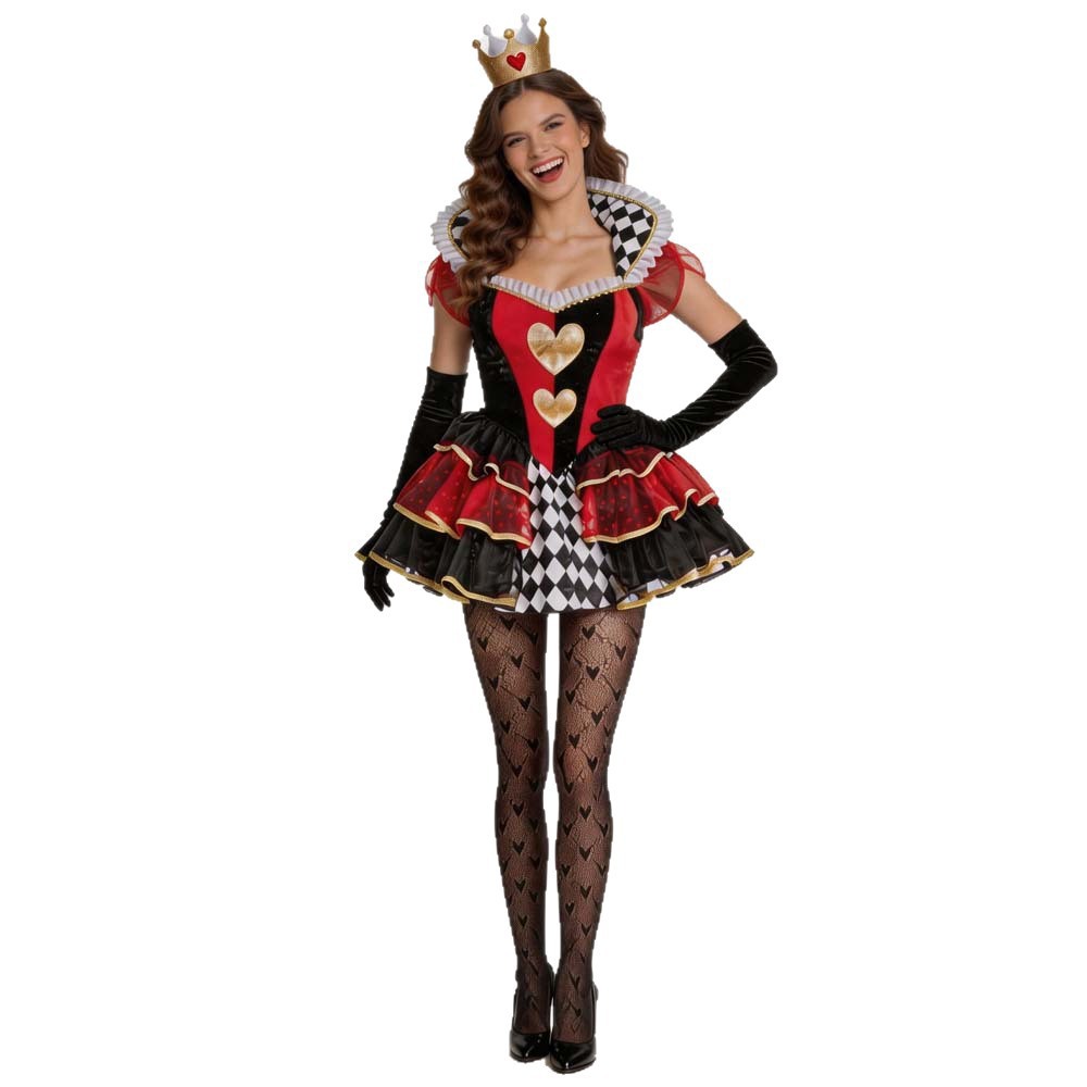 Costume d'Halloween pour femmes, Reine du Cœur, robe tutu à volants rouge, noir et or avec longs gants, tenue de fête cosplay à motif damier de poker.
