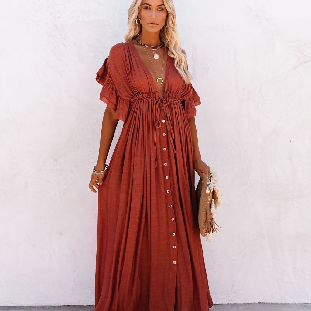 Robe de plage longue à lacets pour femmes, Cover-Up pour Bikini, couleur unie, col en v, Kimono, Anti-soleil, jupe Sarong bohème, été, 2024