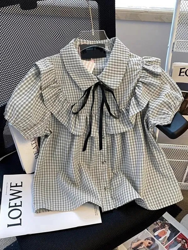 Chemisier à carreaux mignon à volants pour femme, avec manches bouffantes et nœud à lacets, style preppy japonais, mode printemps-été, hauts Kawaii pour femme