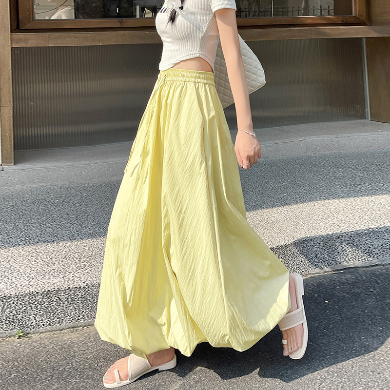 Jupe longue décontractée unie pour femme, style coréen été 2026, taille haute, jupe bouffante trapèze avec poches