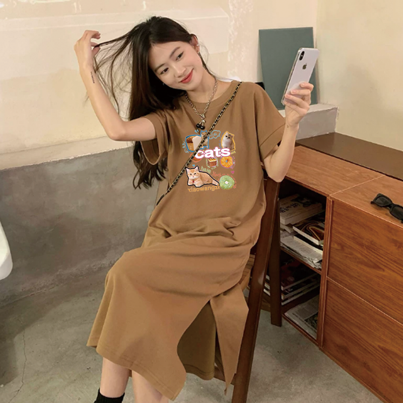 Robe longue décontractée d'été pour femmes, imprimé chats, style coréen, ample, à manches courtes, avec fentes latérales