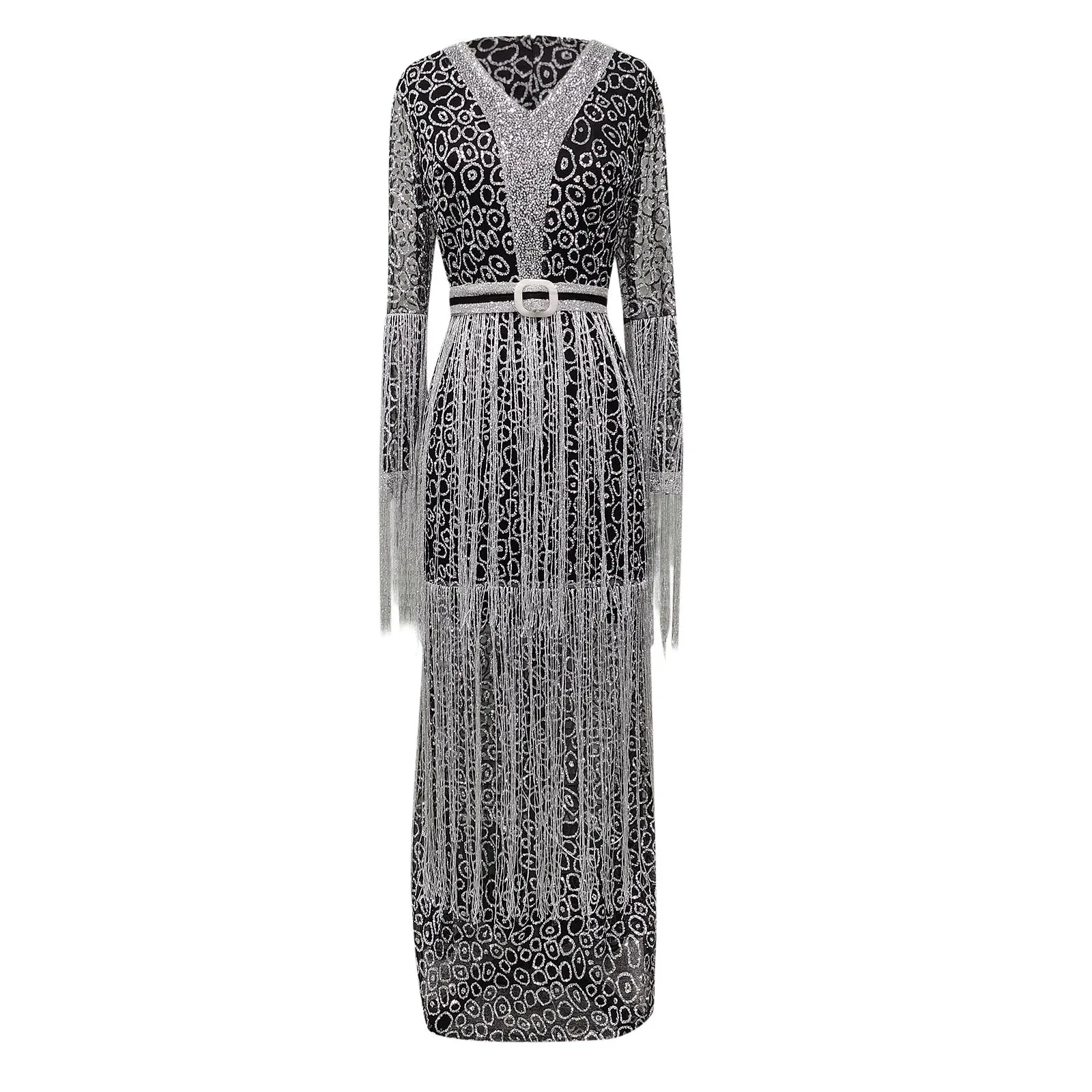 Robe de bal à manches longues pour femmes, élégante, Sexy, décolleté en V profond, paillettes, franges, longue, Slim, robes de soirée, nouvelle collection