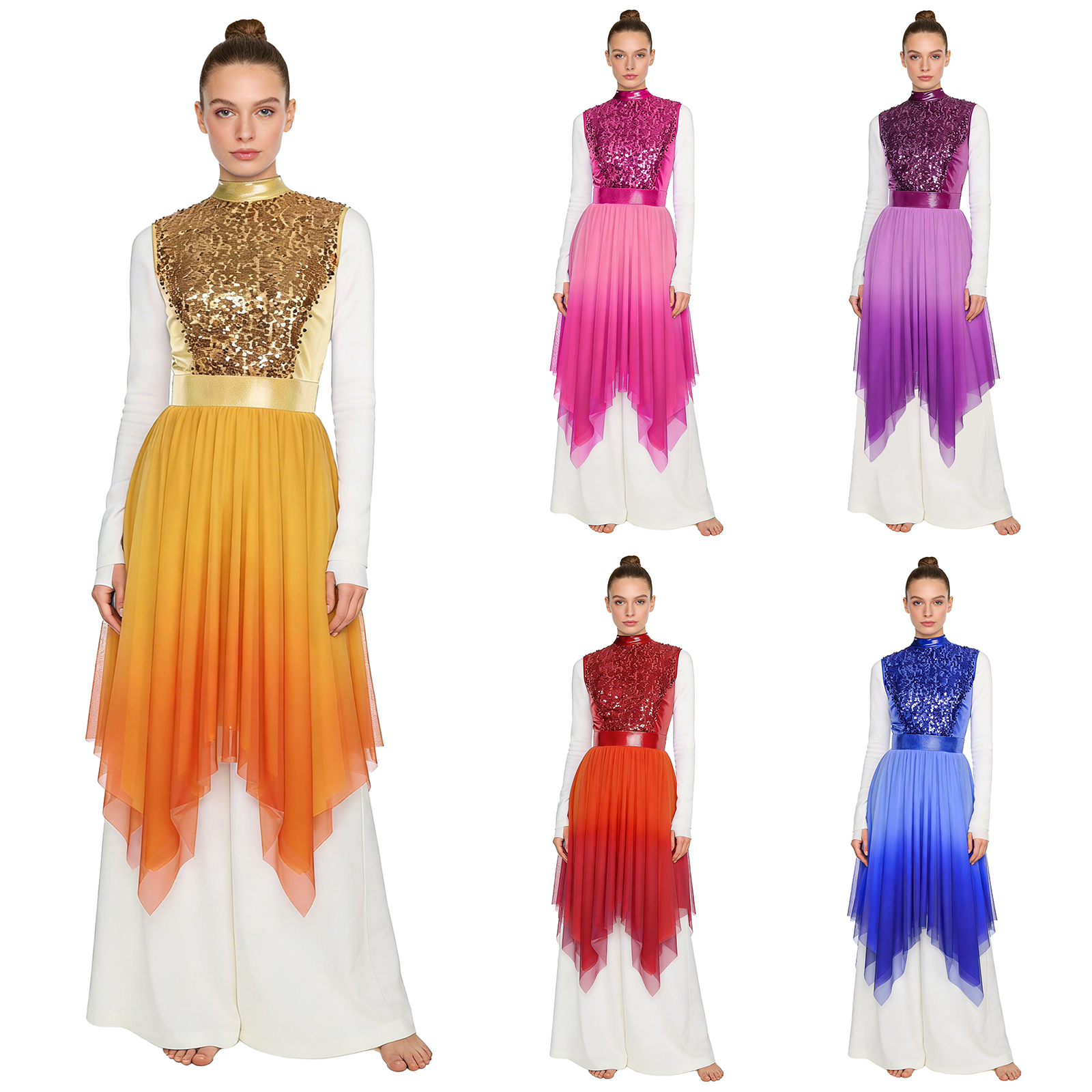 Robe de danse luge pour femmes, culte liturgique, paillettes scintillantes, corsage sans manches, maille dégradée, ourlet irrégulier, robe lyrique moderne