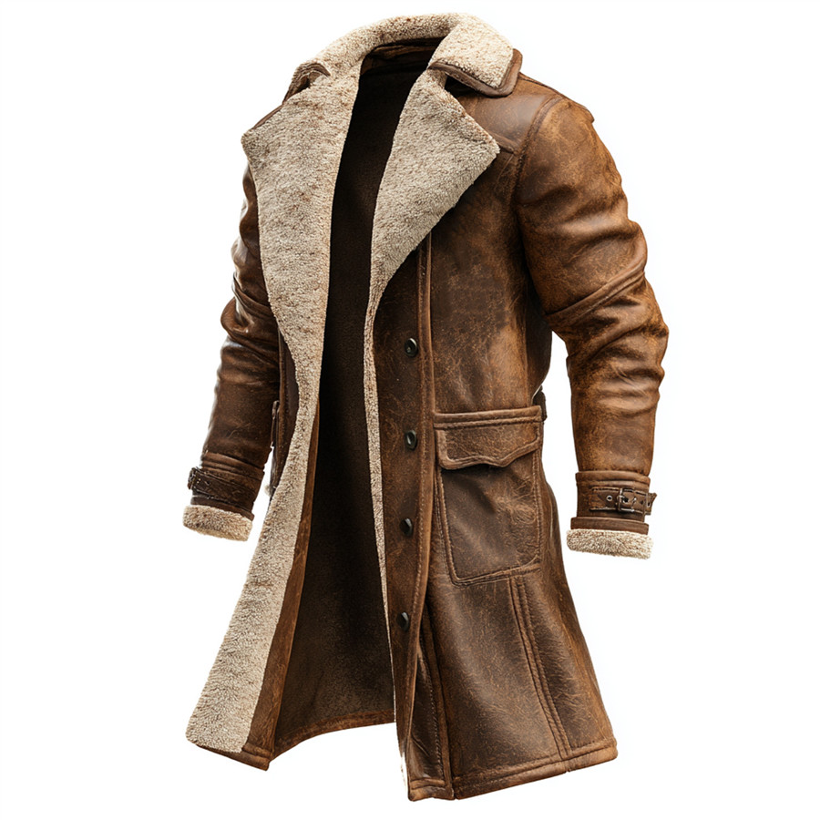 Vestes longues rétro pour hommes automne hiver chaud polaire en cuir PU pardessus décontracté Cowboy vêtements d'extérieur coupe-vent marron manteau homme