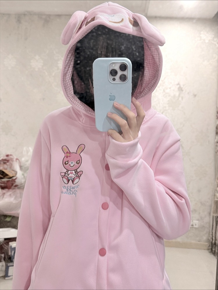 Manteau brodé de dessin animé japonais Kawaii pour femme, veste à capuche rose avec oreilles de lapin mignonnes, esthétique Y2k, Grunge, automne