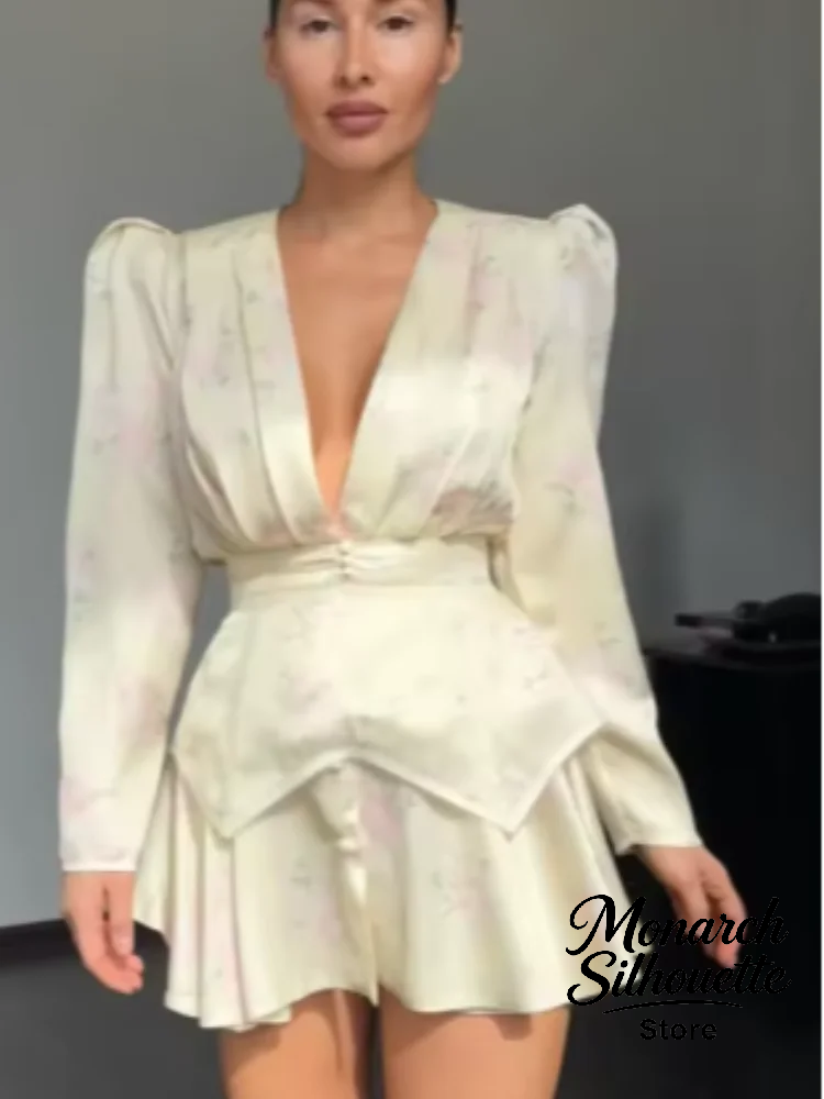 Robe Courte Élégante à Imprimé Floral pour Femme, Chic, Col en V, Manches Longues, Boutonnage Simple, Coupe Slim, Style A-line, Robes de Soirée 2026