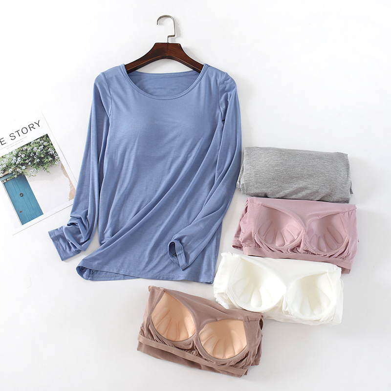 T-shirt Slim One Piece avec coussin de poitrine pour femme, soutien-gorge et bonnet, haut féminin, chemises à fond, vêtements de maison, pyjamas