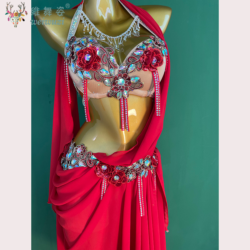 Robes de concours de danse du ventre pour adultes et enfants, robe longue personnalisée avec pierres AB, tenue de spectacle de danse orientale