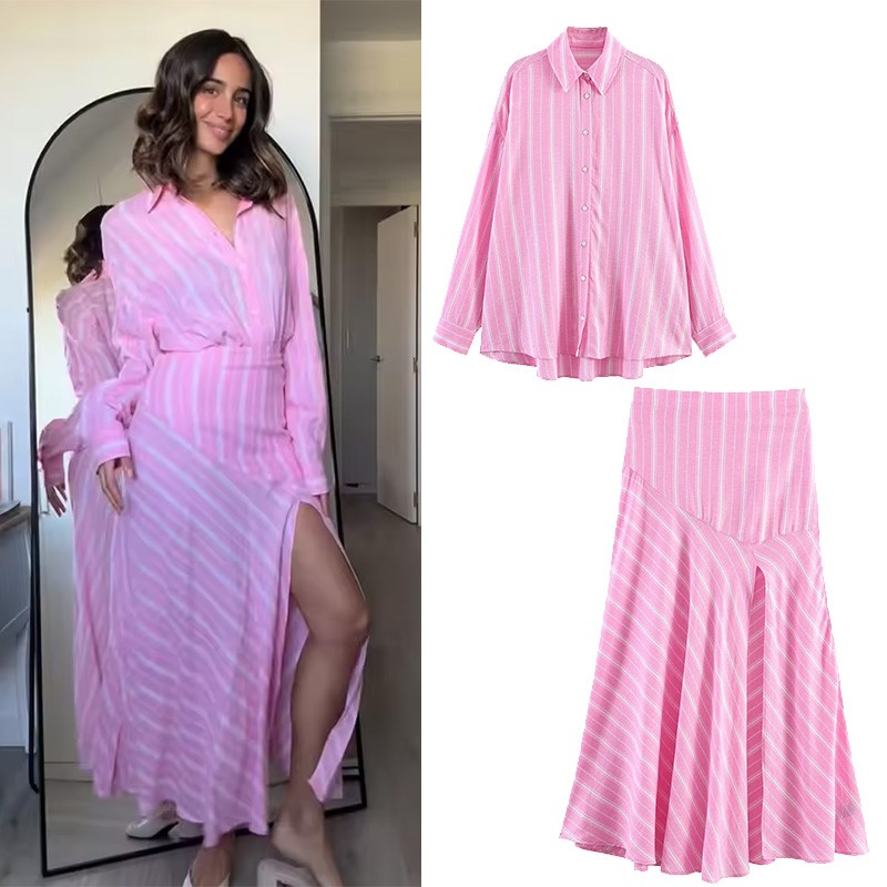 Ensemble jupe et chemise pour femme, 2 pièces, rose, chemise rayée à manches longues oversize et jupe midi plissée à fermeture éclair, tenue féminine