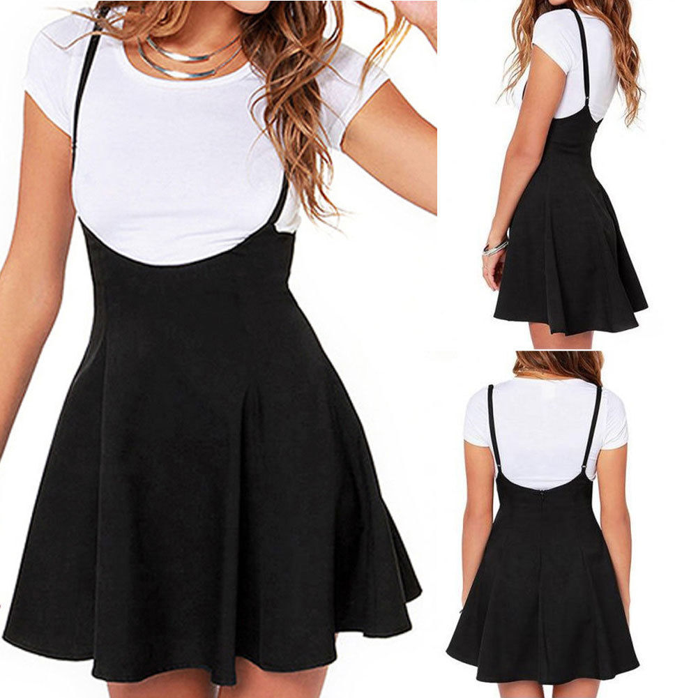Robes à bretelles à bretelles pour femmes élégantes tunique de fête plissée robe patineuse noire Costumes taille haute Mini robe d'école