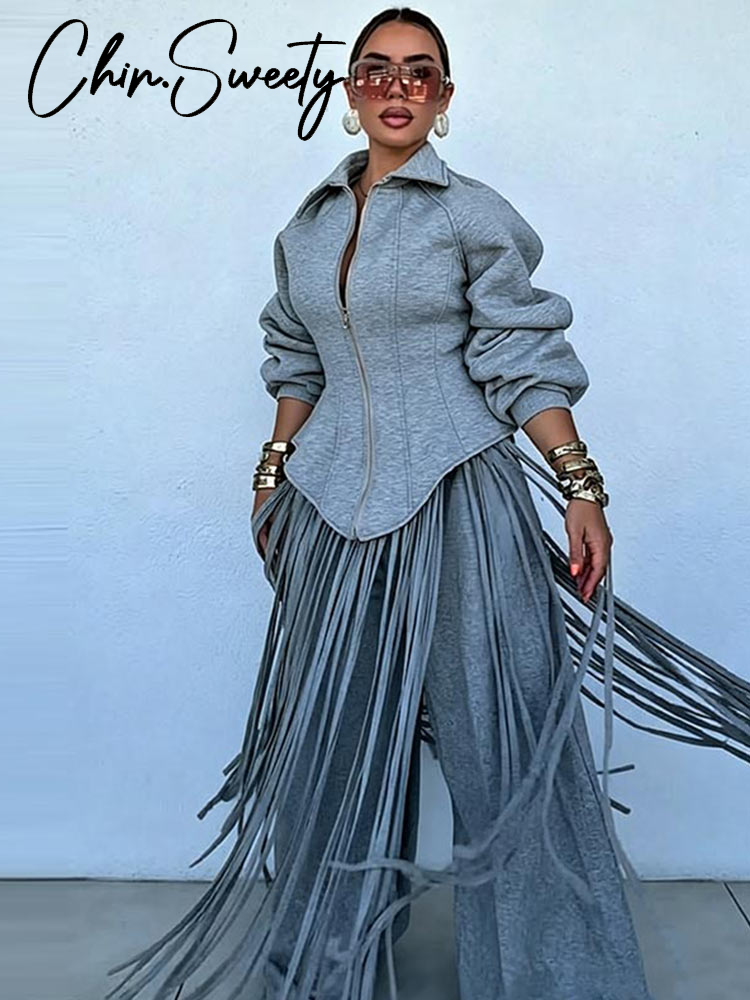 Ensemble tailleur pantalon chic pour femme avec manteau à ourlet à pompons, manches longues, taille cintrée, col rabattu et pantalon large – Collection Automne 2026