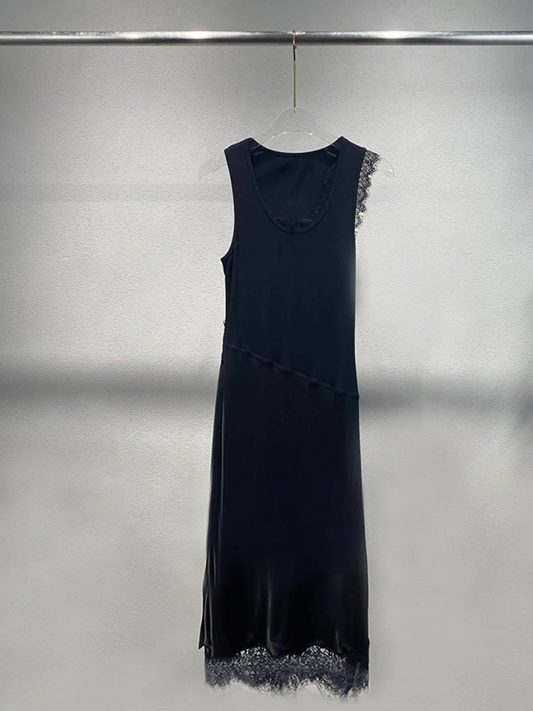 Robe tricotée à col rond pour femmes, sans manches, dentelle patchwork, élégante, mi-longue pour dames