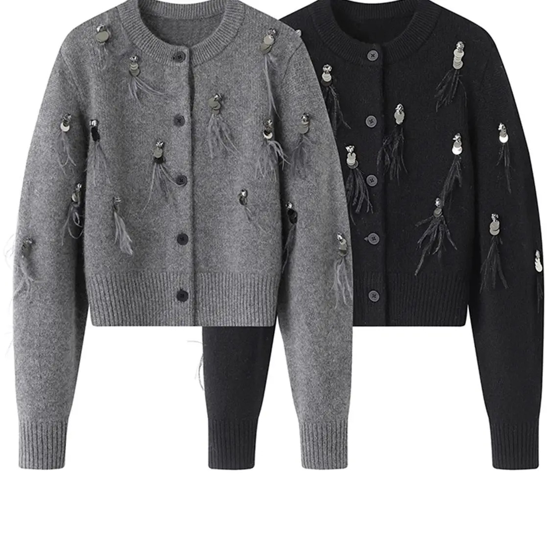 Manteau à manches longues avec pompons en plumes pour femmes, pull haut de gamme, noir, gris, tout cardigan vintage, automne, hiver