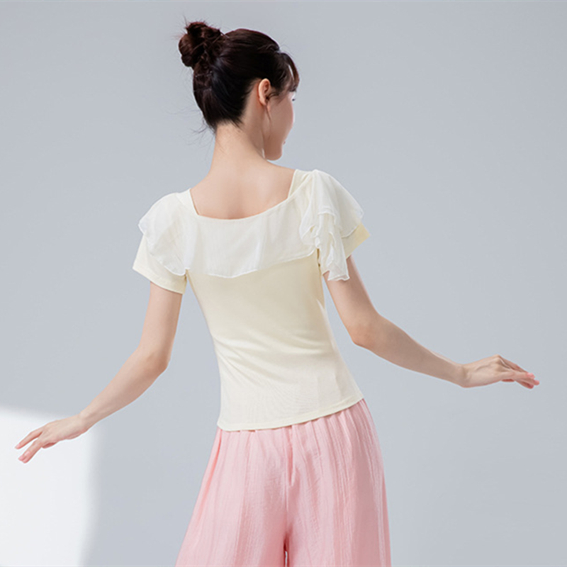Tenues de danse pour femmes, chemise à manches courtes en maille de gaze épissée, chemisier d'entraînement de Ballet élégant, Costumes de pratique sur scène de rime corporelle