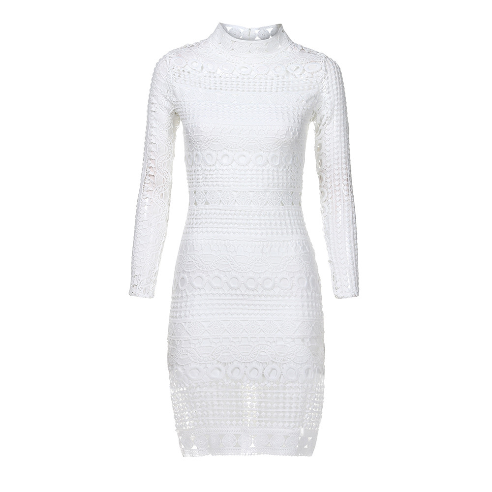 Robe Midi Femme Sexy en Dentelle Blanche, Creuses et Évidées, à Manches Longues en Crochet, Volants, Col Montant, Moulante, Décontractée, pour Soirée